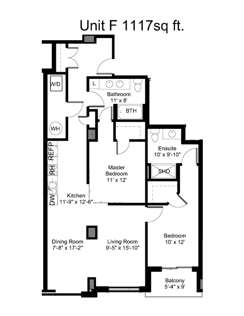 Floor plan for 2 beds, 2 baths, 1117 sqft